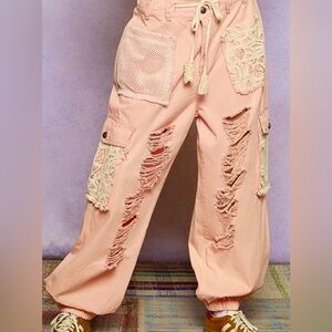 POL Peach Cargo Distressed Joggers with Lace Accents small NWOT